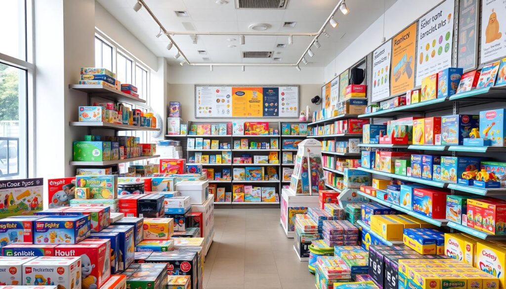 A brightly lit, well-organized toy store in Singapore, featuring an array of educational and learning-focused toys. The foreground showcases a diverse selection of vibrant, interactive science kits, building blocks, and STEM-based puzzles. In the middle ground, rows of shelves display an assortment of language-learning games, creative arts and crafts supplies, and hands-on math manipulatives. The background captures the warm, inviting atmosphere of the store, with natural lighting filtering through large windows and displays of educational posters and infographics. The overall scene conveys a sense of discovery and intellectual stimulation, perfect for families seeking quality learning toys.
