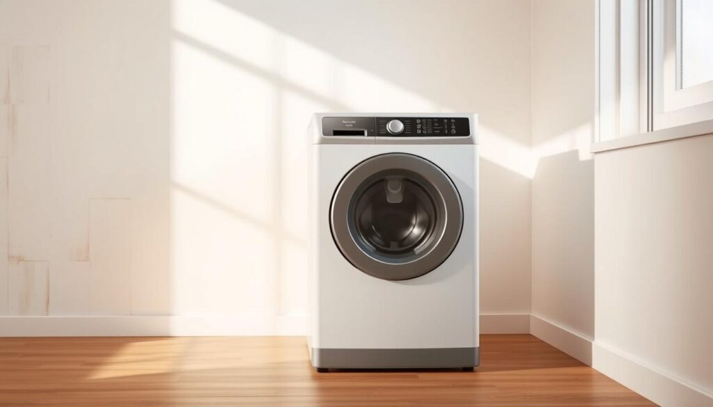 A budget top-load washing machine standing in a modern, minimalist laundry room. The machine has a sleek, simple design with a white or light gray finish. It is positioned on a wooden or tiled floor, with natural light streaming in through a nearby window, casting a warm, even glow on the scene. The background features clean, uncluttered walls, perhaps with a subtle textured pattern or a neutral color palette. The overall atmosphere conveys a sense of practicality, efficiency, and understated elegance, reflecting the best budget-friendly top-load washing machine options available in Singapore.