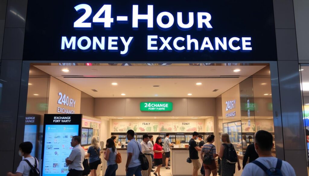A bustling 24-hour money exchange center in the heart of Singapore, with a sleek, modern facade and a bright, inviting atmosphere. The interior is well-lit, showcasing the shimmering foreign currency displays and efficient exchange counters. A steady flow of locals and tourists move through the space, seeking the convenience of hassle-free currency conversion at any time of day or night. The scene is captured from a slightly elevated angle, allowing the viewer to take in the dynamic energy and attention to detail that makes this a premier destination for quick and reliable money exchange services in Singapore.