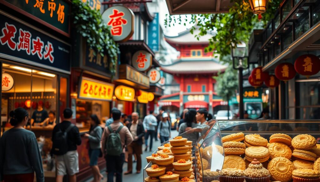A bustling Chinatown street, lined with vibrant shop fronts and neon signs, sets the stage. In the foreground, a warm-lit bakery displays an array of delectable Cantonese pastries and desserts - golden egg tarts, fluffy pineapple buns, and delicate moon cakes. The middle ground features a mix of locals and tourists admiring the enticing window displays, their reflections captured in the glass. In the background, traditional Chinese architecture and lush foliage create a sense of timeless elegance. The scene is bathed in a soft, diffused light, accentuating the intricate details and inviting aromas of the Chinatown sweets. A bustling Chinatown street, lined with vibrant shop fronts and neon signs, sets the stage. In the foreground, a warm-lit bakery displays an array of delectable Cantonese pastries and desserts - golden egg tarts, fluffy pineapple buns, and delicate moon cakes. The middle ground features a mix of locals and tourists admiring the enticing window displays, their reflections captured in the glass. In the background, traditional Chinese architecture and lush foliage create a sense of timeless elegance. The scene is bathed in a soft, diffused light, accentuating the intricate details and inviting aromas of the Chinatown sweets.