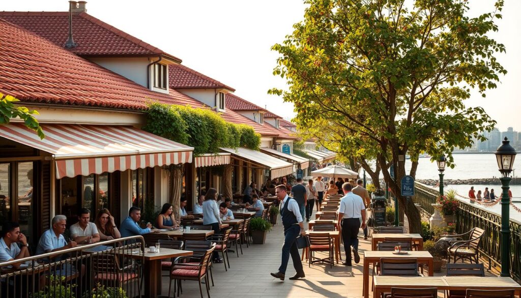 A bustling European-style alfresco dining scene along the eastern coastline of Singapore. A row of charming, quaint cafes and restaurants with tiled roofs, outdoor seating, and lush greenery spilling over the balconies. Patrons sipping coffee or enjoying meals al fresco under the warm, golden afternoon sun, with the shimmering waters of the East Coast Park in the background. Weathered wooden furniture, iron railings, and striped awnings create an authentic, relaxed ambiance. Servers in crisp uniforms move between tables, while the scent of freshly baked bread and simmering sauces fills the air. A tranquil, leisurely atmosphere evocative of a seaside town in the Mediterranean.