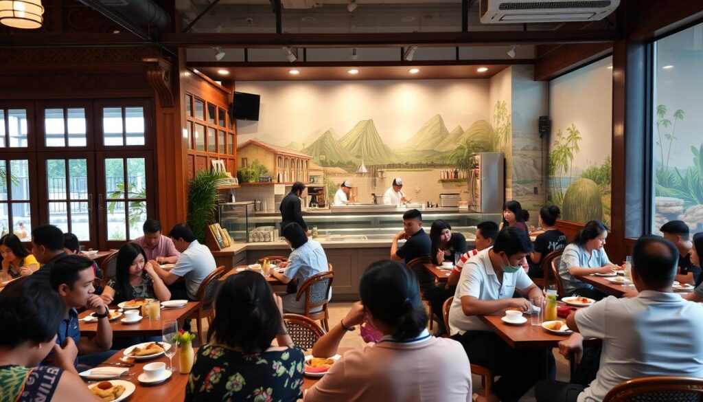 A bustling Filipino restaurant in Singapore, with warm and inviting ambiance. The front facade features a traditional wooden architecture with intricate carvings and vibrant colors. Large windows allow natural light to flood the interior, where tables are set with authentic Filipino dishware and decorations. In the foreground, patrons dine on classic Filipino dishes like adobo, lumpia, and halo-halo, their lively conversations creating a lively atmosphere. The middle ground showcases the open kitchen, where skilled chefs prepare the dishes with precision. The background features a mural depicting the Philippines' lush landscapes and cultural icons, transporting diners to the heart of the archipelago. Soft, diffused lighting sets the mood, evoking the comforts of home.