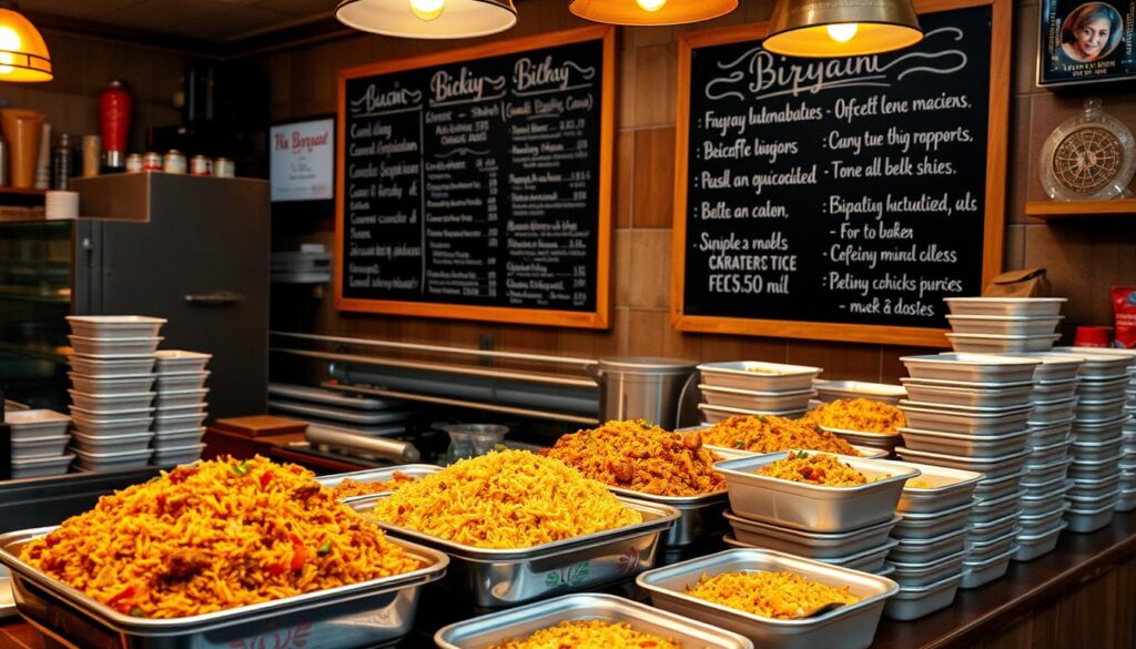 A bustling Indian restaurant interior, softly lit with warm ambient lighting. On the counter, an array of colorful biryani dishes - fragrant basmati rice, tender meat, vibrant spices. Beside them, stacks of takeaway containers, their lids invitingly open, showcasing the tempting contents. In the background, a chalkboard menu board highlights the various biryani options available for delivery and pickup, the text written in a calligraphic style. The scene exudes an air of authentic Indian hospitality and the mouthwatering aroma of home-cooked comfort food. A bustling Indian restaurant interior, softly lit with warm ambient lighting. On the counter, an array of colorful biryani dishes - fragrant basmati rice, tender meat, vibrant spices. Beside them, stacks of takeaway containers, their lids invitingly open, showcasing the tempting contents. In the background, a chalkboard menu board highlights the various biryani options available for delivery and pickup, the text written in a calligraphic style. The scene exudes an air of authentic Indian hospitality and the mouthwatering aroma of home-cooked comfort food.