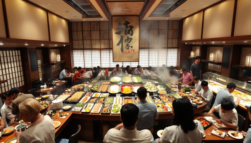 A bustling Japanese buffet restaurant, with an expansive spread of sushi, sashimi, and other delectable offerings. The scene captures the vibrant atmosphere, with a large central table laden with an array of colorful, freshly prepared dishes. Patrons in the foreground, dressed casually, sit around the table, eagerly sampling the diverse culinary options. The background features a traditional Japanese aesthetic, with shoji screens, bamboo accents, and soft, diffused lighting that creates a serene, immersive ambiance. The camera angle is slightly elevated, providing a panoramic view of the dining experience, inviting the viewer to imagine themselves as part of this authentic Japanese culinary journey.