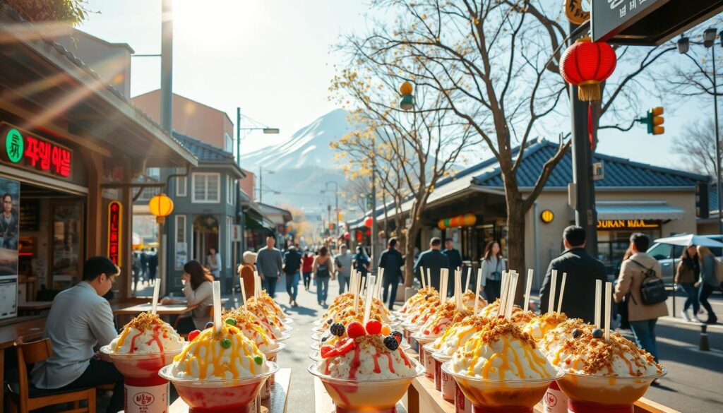 A bustling Korean street scene, bright sunlight filters through the trees, casting warm shadows on the vibrant bingsu displays. In the foreground, a charming café lays out an array of meticulously crafted bingsu desserts - shaved ice crowned with colorful fruits, drizzled with sweet condensed milk, and sprinkled with toasted grains. Patrons sit at small tables, savoring the refreshing treat and taking in the lively atmosphere. In the middle ground, pedestrians stroll past traditional Korean storefronts, their facades adorned with neon signs and decorative lanterns. The background features a towering mountain range, its peaks capped with snow, adding to the authentic Korean ambiance. The overall scene evokes a sense of tranquility and indulgence, perfectly capturing the essence of the authentic bingsu experience.
