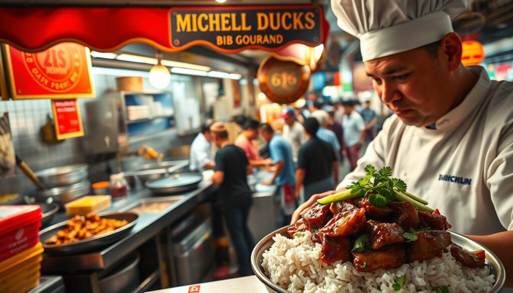 A bustling Michelin Bib Gourmand duck stall, its vibrant red and gold awning catching the warm afternoon light. In the foreground, a skilled chef carefully arranges tender slices of braised duck atop steaming white rice, garnished with crisp cucumber slices and fragrant coriander. The middle ground reveals the stall's bustling open kitchen, where woks sizzle and the aroma of spices and slow-cooked broth fills the air. In the background, a lively hawker center scene unfolds, with locals and curious visitors moving between the various food stalls. The overall atmosphere conveys a sense of authentic Singaporean street food culture, where Michelin-recognized excellence meets the everyday delights of a beloved local dish.
