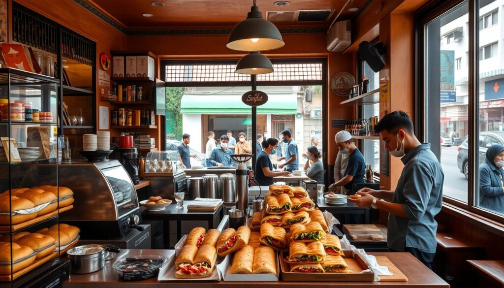 A bustling Muslim-owned sandwich cafe in the heart of Bugis, Singapore. The warm, inviting storefront beckons passersby with its enticing display of freshly baked breads and tantalizing fillings. Inside, the cozy, sun-drenched space is adorned with rich, earthy tones and traditional patterns, creating a welcoming atmosphere. At the counter, a skilled barista meticulously crafts aromatic coffee beverages, while the friendly staff assemble hearty, flavor-packed sandwiches to order. Through the large windows, glimpses of the lively Bugis neighborhood can be seen, with pedestrians and vehicles flowing by. The overall scene exudes a sense of community, tradition, and the perfect blend of flavors that makes this cafe a standout destination for a delightful brunch experience.
