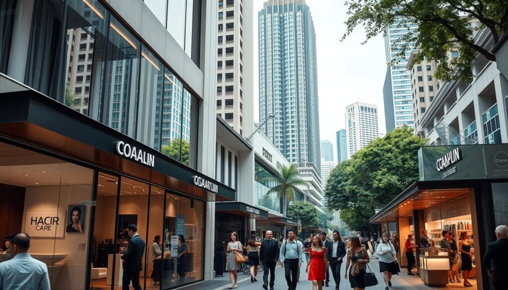 A bustling Orchard Road, Singapore's premier shopping and fashion district, comes alive in this high-resolution image. In the foreground, modern hair salons with large windows and stylish signage showcase their premium services. Midground features well-dressed patrons entering and exiting the salons, while the background reveals the towering high-rises and lush greenery that define the iconic streetscape. Soft, diffused lighting creates a warm, inviting atmosphere, complemented by the sleek, minimalist design aesthetic of the salons. The scene conveys a sense of Orchard Road's reputation for excellence, sophistication, and the best in hair artistry.
