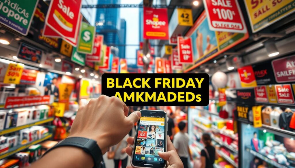 A bustling Shopee marketplace overflowing with colorful product icons, discounted price tags, and eye-catching sale banners. In the foreground, a customer's hand reaches towards a vibrant smartphone display, surrounded by a dynamic array of deals and promotions. The middle ground showcases various product categories, from electronics to fashion, all aglow with festive lighting. In the background, a blurred cityscape provides a sense of place, emphasizing the urban, fast-paced nature of the Singaporean shopping experience. The scene is captured with a wide-angle lens, conveying a sense of immersion and excitement, perfectly capturing the "Black Friday Marketplace Madness" that defines Shopee's shopping bonanza.