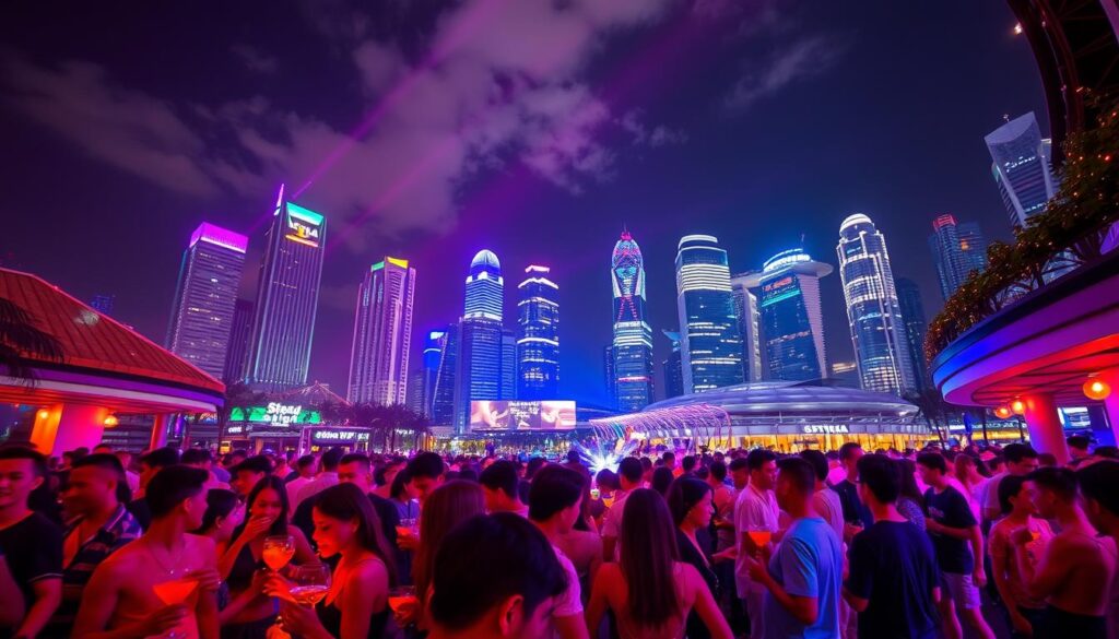 A bustling Singapore cityscape at night, with towering skyscrapers and neon-lit skyline. In the foreground, a vibrant nightclub scene with people dancing under pulsing multicolored lights, cocktails in hand. Reflections of the city's iconic architecture glistening in the backdrop. A wide-angle lens captures the energy and excitement of Singapore's world-renowned nightlife, showcasing the perfect blend of modern sophistication and lively entertainment. The image exudes an atmosphere of opulence, energy, and a sense of endless possibilities, inviting the viewer to immerse themselves in the city's captivating nighttime experience.