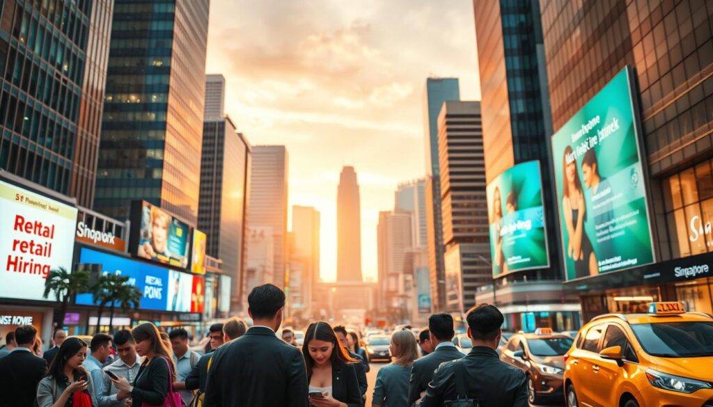 A bustling Singapore cityscape, with towering skyscrapers and neon-lit billboards showcasing vibrant retail hiring opportunities. In the foreground, a diverse group of people in professional attire gather, their expressions hopeful as they peruse job listings on their smartphones. The middle ground features a bustling street, with taxis and pedestrians weaving through the urban landscape. The background is dominated by a glittering skyline, reflecting the city's dynamic and cosmopolitan nature. The scene is bathed in a warm, golden glow, evoking a sense of opportunity and prosperity. The overall mood is one of anticipation and optimism, perfectly capturing the essence of Singapore's thriving job market.