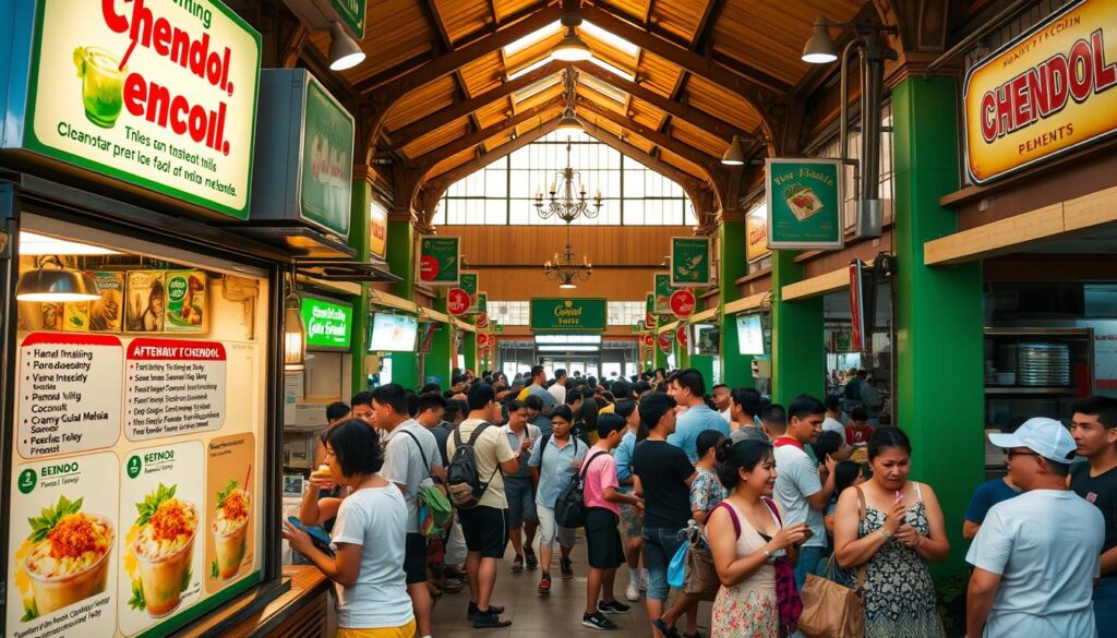 A bustling Singapore food centre with an array of affordable chendol stalls. The foreground features a humble stall, its menu displaying tantalizing options of chendol with vibrant pandan-infused jelly, creamy coconut milk, and a sprinkle of aromatic gula melaka. In the middle ground, a diverse crowd of local patrons and tourists savor their chendol, creating a lively atmosphere. The background showcases the food centre's architecture, with its open-air layout and retro-inspired design elements. Warm, natural lighting casts a welcoming glow, enhancing the overall inviting ambiance. The scene conveys a sense of authentic Singaporean street food culture and the accessibility of delicious, budget-friendly chendol. A bustling Singapore food centre with an array of affordable chendol stalls. The foreground features a humble stall, its menu displaying tantalizing options of chendol with vibrant pandan-infused jelly, creamy coconut milk, and a sprinkle of aromatic gula melaka. In the middle ground, a diverse crowd of local patrons and tourists savor their chendol, creating a lively atmosphere. The background showcases the food centre's architecture, with its open-air layout and retro-inspired design elements. Warm, natural lighting casts a welcoming glow, enhancing the overall inviting ambiance. The scene conveys a sense of authentic Singaporean street food culture and the accessibility of delicious, budget-friendly chendol.