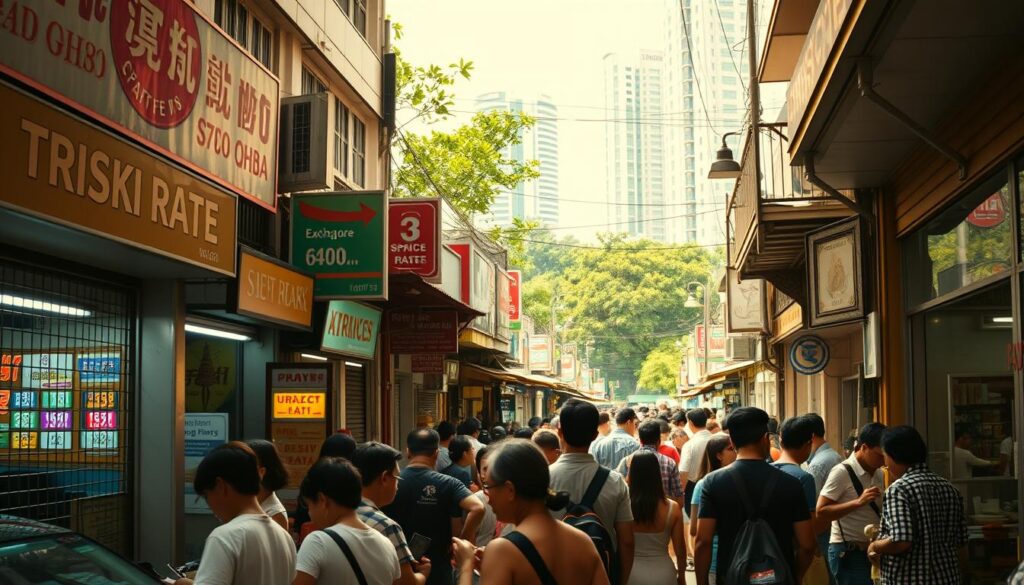 A bustling Singapore neighborhood, sun-drenched storefronts with colorful signage advertising exchange rates. In the foreground, a group of locals and tourists gathered around small counters, intently reviewing currency and exchanging bills. The middle ground features a row of uniform shopfronts, their windows adorned with metal grilles and neon-lit price boards. In the background, a glimpse of lush greenery and towering high-rises, a contrast to the intimate street-level activity. The scene is alive with the energy of commerce, the air thick with the scent of spices and the hum of conversation. Warm, diffused lighting casts a golden glow, evoking a sense of vitality and cultural exchange.