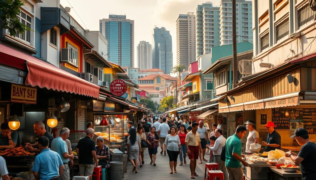 A bustling Singapore neighborhood, vibrant with the aroma of sizzling street food. In the foreground, a colorful array of hawker stalls, each offering a tantalizing culinary journey - from fragrant curries to steaming dumplings. The middle ground showcases the lively chatter of local diners, savoring the flavors of their favorite dishes. In the background, a tapestry of colorful shophouses and towering skyscrapers, highlighting the diverse architectural tapestry of this dynamic city. Warm, golden sunlight filters through, casting a cozy glow over the scene. This is a neighborhood food journey, a celebration of Singapore's rich culinary heritage.