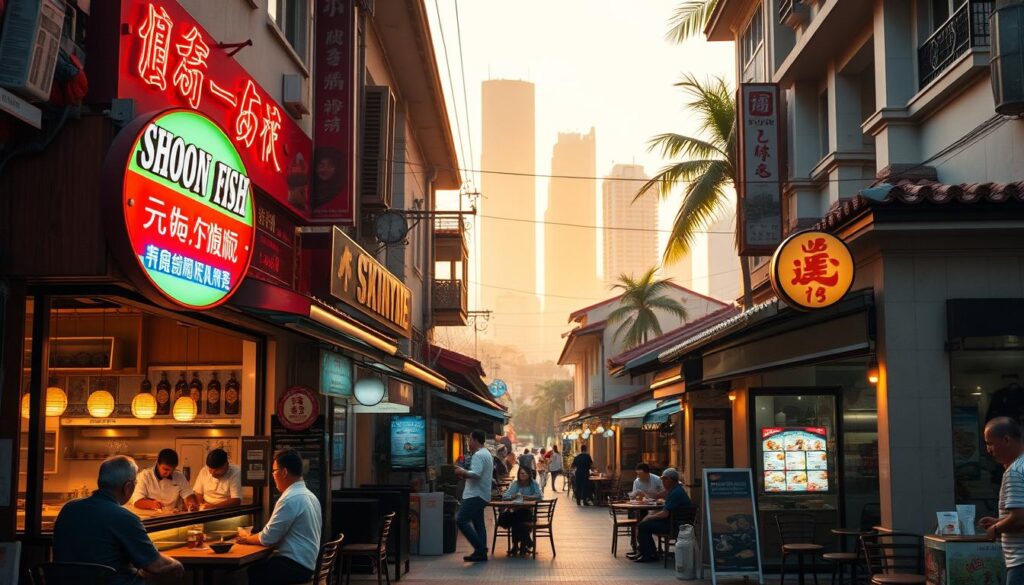 A bustling Singapore street, lined with cozy steamed fish restaurants. In the foreground, a charming storefront with a vibrant neon sign and an open kitchen where chefs skillfully prepare fresh seafood. Customers sit at intimate tables, savoring the aroma of sizzling fish and aromatic sauces. In the middle ground, other eateries beckon, their facades adorned with traditional Chinese architectural details. The background is a hazy cityscape, skyscrapers and palm trees silhouetted against a warm, golden sunset. Soft, diffused lighting casts a welcoming glow over the entire scene, creating a convivial, neighborhood atmosphere.
