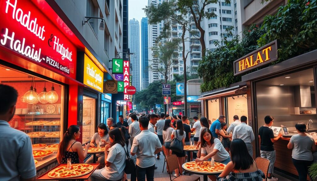 A bustling Singapore street, lined with vibrant Halal pizza restaurants. Warm, inviting storefronts feature enticing displays of freshly baked pizzas, their crusts crisp and toppings tantalizing. Bright neon signs cast a soft glow, illuminating the lively atmosphere. In the foreground, people of diverse backgrounds gather around cozy outdoor seating, chatting and enjoying their Halal-certified slices. The middle ground showcases the restaurants' modern, clean interiors, with chefs expertly crafting each pizza. In the background, a bustling cityscape of high-rises and green spaces creates a dynamic, multicultural setting. Soft, diffused lighting and a color palette of warm tones evoke a welcoming, mouthwatering ambiance.