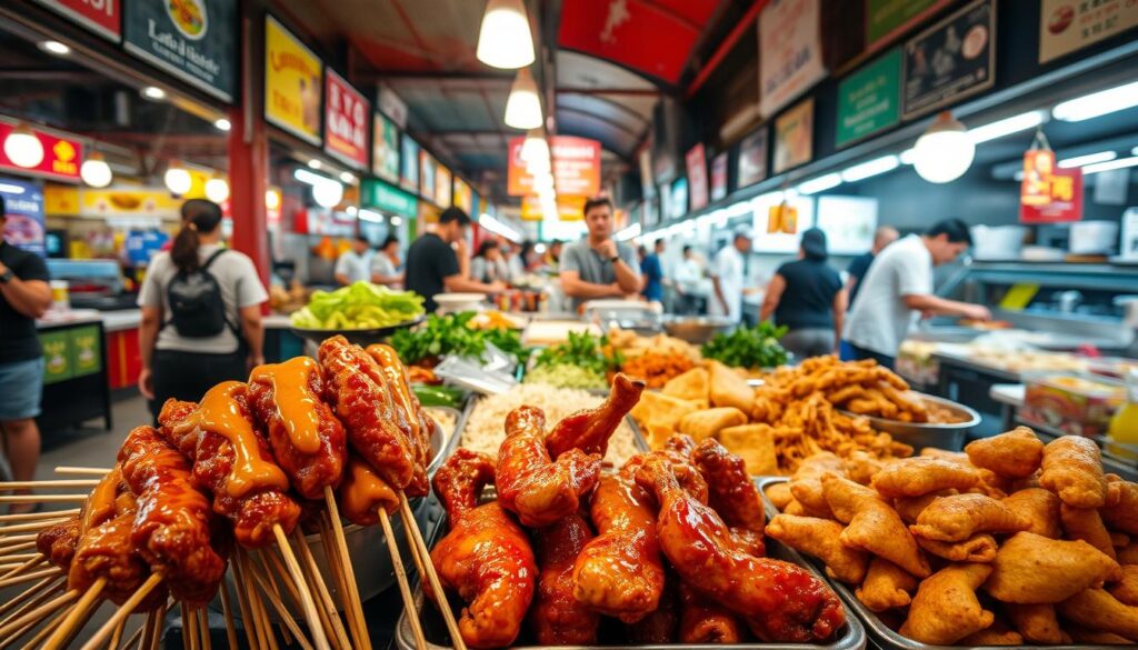 A bustling Singaporean hawker center, filled with an array of vibrant and aromatic dishes. In the foreground, a selection of must-try local delights: steaming hot chicken satay with peanut sauce, crispy chicken wings glazed in a sweet and savory sauce, and fragrant plate of Hainanese chicken rice. In the middle ground, a diverse spread of Singaporean favorites like spicy laksa noodles, flavorful char kway teow, and fluffy pandan-infused coconut pancakes. The background showcases the lively atmosphere of the hawker stall, with energetic chefs skillfully preparing the dishes and patrons eagerly awaiting their turn. Soft, warm lighting illuminates the scene, creating an inviting and mouthwatering ambiance. A bustling Singaporean hawker center, filled with an array of vibrant and aromatic dishes. In the foreground, a selection of must-try local delights: steaming hot chicken satay with peanut sauce, crispy chicken wings glazed in a sweet and savory sauce, and fragrant plate of Hainanese chicken rice. In the middle ground, a diverse spread of Singaporean favorites like spicy laksa noodles, flavorful char kway teow, and fluffy pandan-infused coconut pancakes. The background showcases the lively atmosphere of the hawker stall, with energetic chefs skillfully preparing the dishes and patrons eagerly awaiting their turn. Soft, warm lighting illuminates the scene, creating an inviting and mouthwatering ambiance.