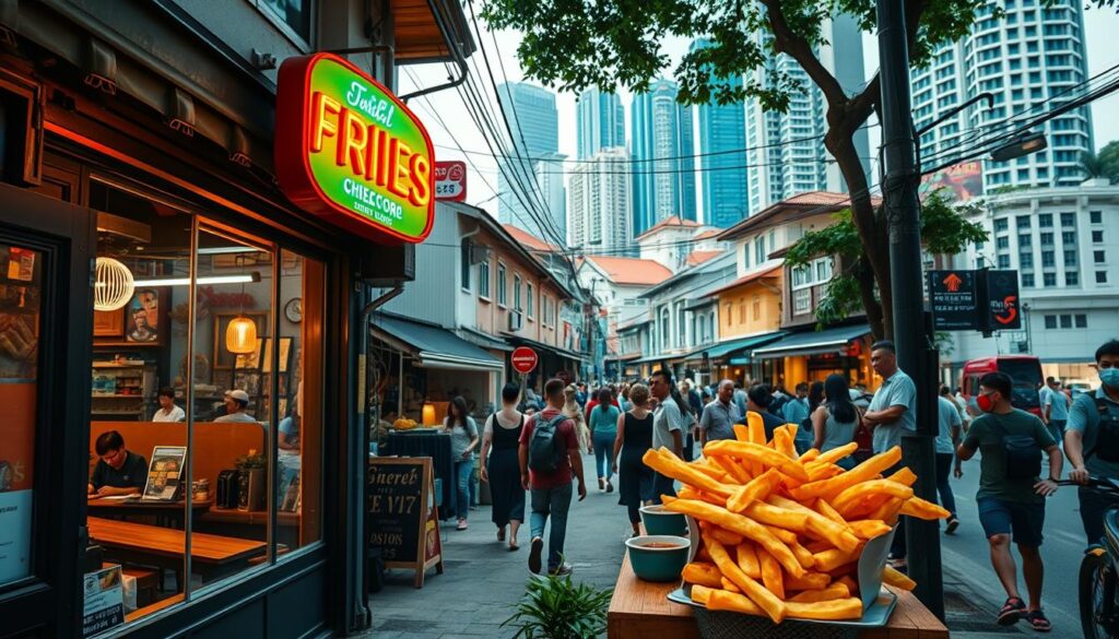 A bustling Singaporean neighborhood, where the aroma of crisp, golden fries wafts through the air, beckoning passersby. In the foreground, a quaint shop front with a cheerful neon sign invites you in. Through the large windows, you catch glimpses of locals gathered around wooden tables, savoring their steaming portions of neighborhood fries - thick-cut, perfectly seasoned, and accompanied by a variety of dipping sauces. The middle ground features the lively street scene, with shopkeepers tending to their stalls and pedestrians weaving through the vibrant crowd. In the background, a tapestry of colorful shophouses and towering skyscrapers create a captivating contrast, reflecting the unique blend of tradition and modernity that defines Singapore's urban landscape.