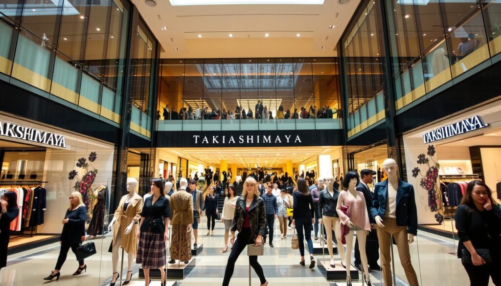 A bustling Takashimaya shopping centre, its façade adorned with sleek glass and modern architecture. Inside, the atrium is filled with a diverse array of fashion displays, from high-end designer labels to trendy streetwear. Mannequins showcase the latest styles, their poses dynamic and alluring. Warm, directional lighting illuminates the scene, casting subtle shadows that accentuate the textures of the clothing. In the background, shoppers browse the stores, their movements creating a sense of energy and vitality. The overall atmosphere is one of refined elegance and sartorial indulgence, inviting the viewer to explore the abundant fashion delights within.