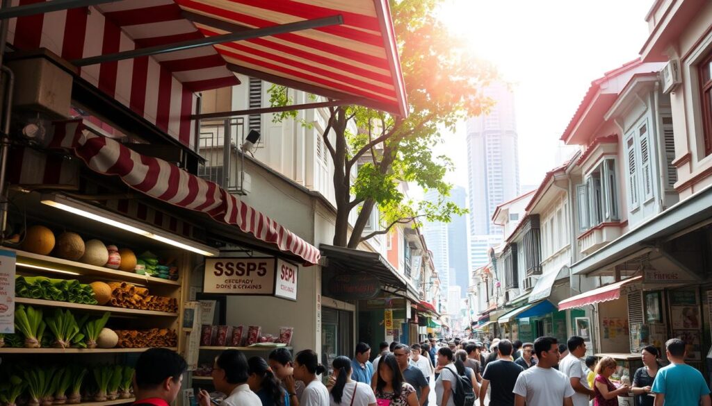 A bustling alley in the heart of Singapore, lined with charming traditional shophouses. In the foreground, a quaint chendol stall with its vibrant red-and-white striped awning, a crowd of locals and tourists gathered around, savoring the sweet, icy delight. Shelves brimming with familiar ingredients like pandan leaves, coconut, and red beans. Sunlight filters through the overhead foliage, casting a warm, nostalgic glow. The middle ground reveals a mix of hawker stalls and small eateries, their aromas mingling in the air. In the background, the iconic Singapore cityscape looms, a harmonious contrast of old and new. An inviting scene that captures the essence of Singapore's cherished chendol culture. A bustling alley in the heart of Singapore, lined with charming traditional shophouses. In the foreground, a quaint chendol stall with its vibrant red-and-white striped awning, a crowd of locals and tourists gathered around, savoring the sweet, icy delight. Shelves brimming with familiar ingredients like pandan leaves, coconut, and red beans. Sunlight filters through the overhead foliage, casting a warm, nostalgic glow. The middle ground reveals a mix of hawker stalls and small eateries, their aromas mingling in the air. In the background, the iconic Singapore cityscape looms, a harmonious contrast of old and new. An inviting scene that captures the essence of Singapore's cherished chendol culture.