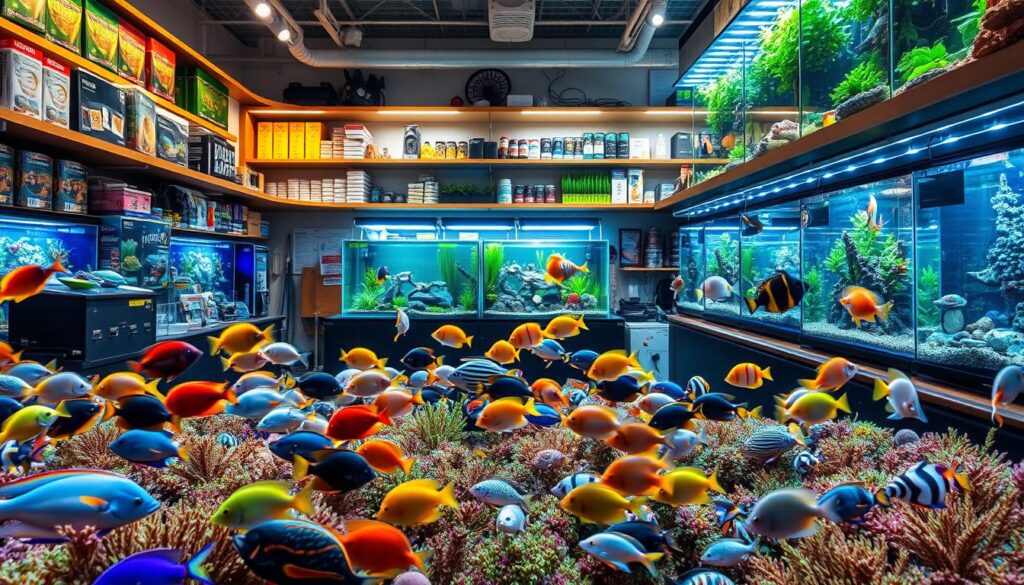 A bustling aquarium shop in Singapore, showcasing an array of vibrant marine life. The foreground features a diverse selection of tropical fish, their colors and patterns creating a mesmerizing display. The middle ground houses expertly designed aquariums, with lush underwater landscapes and thriving plant life. In the background, shelves are stocked with essential aquarium supplies and equipment, all illuminated by warm, natural lighting that casts a tranquil glow. The overall atmosphere evokes a sense of wonder and serene exploration, capturing the essence of the best aquarium shops in this vibrant city.