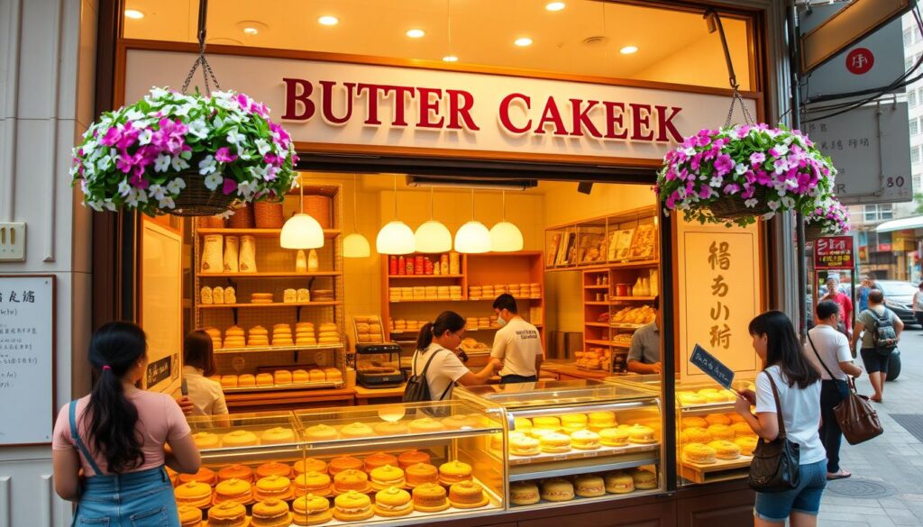 A bustling bakery storefront, its windows framed by hanging baskets of fragrant flowers. Inside, warm golden light spills over rows of freshly baked Singapore butter cakes, their rich, buttery aroma filling the air. Customers browse the display cases, selecting their favorites - some classic, some with creative flavors. The bakery's skilled bakers carefully craft each cake, using time-honored recipes and the finest local ingredients. The atmosphere is inviting, with cozy seating areas where patrons can savor their treats. Outside, the bustling street reflects the vibrant spirit of Singapore, a dynamic backdrop for this beloved neighborhood bakery. A bustling bakery storefront, its windows framed by hanging baskets of fragrant flowers. Inside, warm golden light spills over rows of freshly baked Singapore butter cakes, their rich, buttery aroma filling the air. Customers browse the display cases, selecting their favorites - some classic, some with creative flavors. The bakery's skilled bakers carefully craft each cake, using time-honored recipes and the finest local ingredients. The atmosphere is inviting, with cozy seating areas where patrons can savor their treats. Outside, the bustling street reflects the vibrant spirit of Singapore, a dynamic backdrop for this beloved neighborhood bakery.