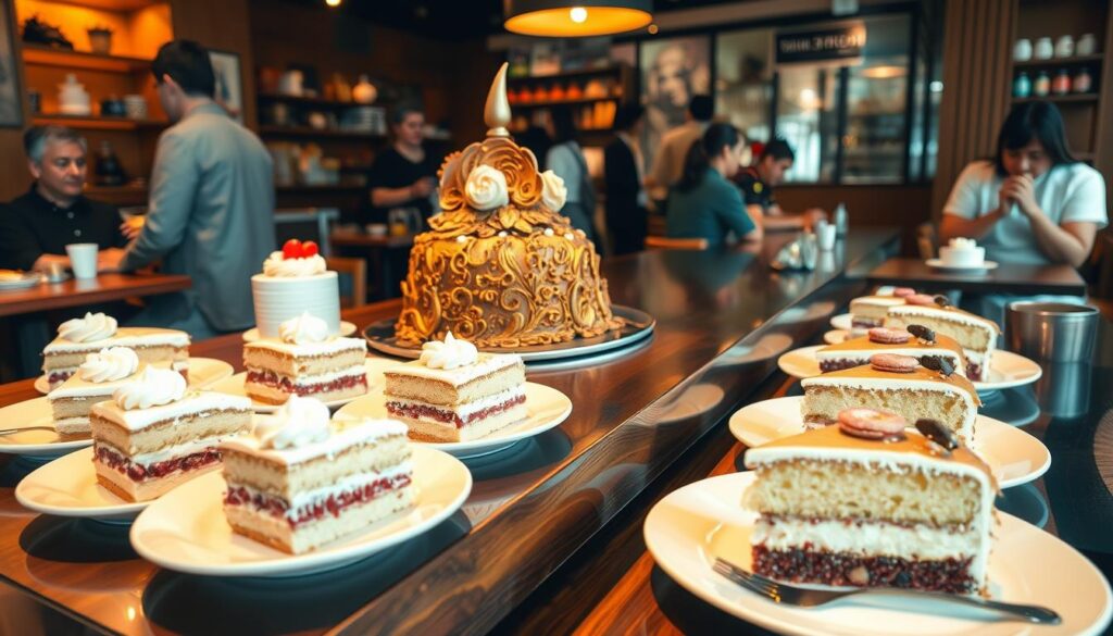A bustling cafe scene, with a large, ornate whole cake prominently displayed on a wooden counter, surrounded by neatly arranged individual slices on crisp white plates. The lighting is warm and inviting, casting a soft glow over the sumptuous desserts. In the background, the cafe's cozy atmosphere is visible, with customers enjoying their treats at small tables. The image captures the contrast between the decadence of the whole cake and the convenience of the individual slices, highlighting the choices available at the best cake cafes in Singapore.