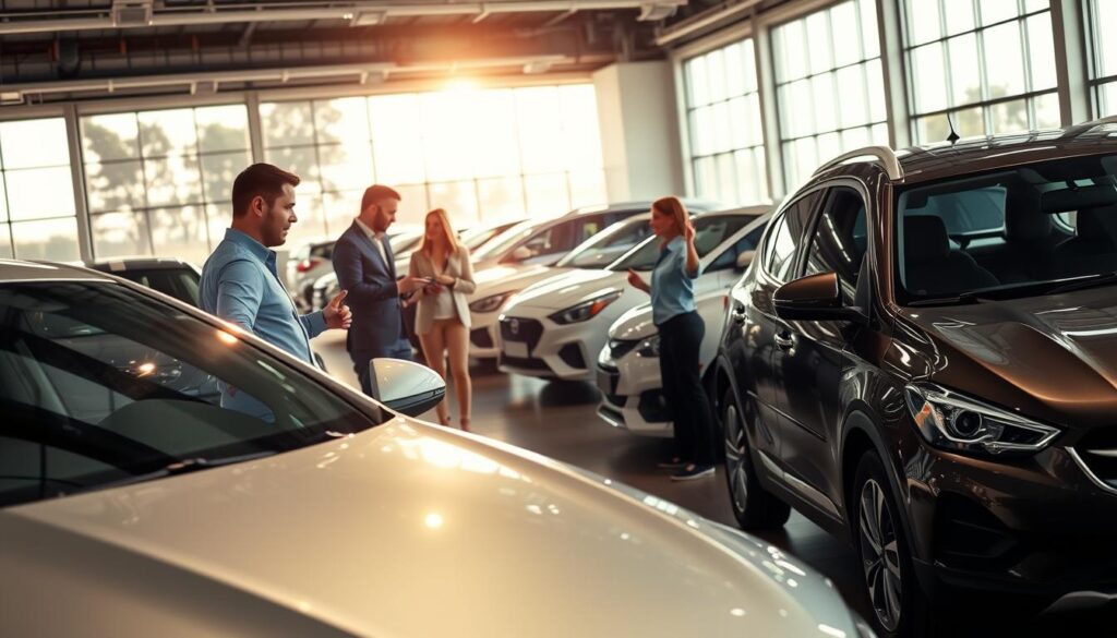 A bustling car showroom, sunlight streaming through large windows, illuminating the gleaming vehicles on display. In the foreground, a prospective buyer examines the interior of a sleek, silver sedan, while a salesperson stands nearby, ready to provide information. In the middle ground, a family discusses the merits of a spacious SUV, gesturing animatedly. The background is filled with a variety of models, from sporty coupes to practical hatchbacks, each beckoning potential owners. The atmosphere is one of excitement and anticipation, with the promise of a seamless and satisfying buying or selling experience.