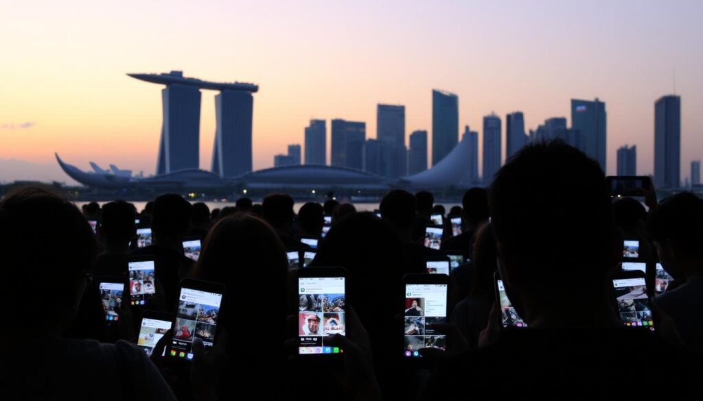 A bustling city skyline at dawn, the iconic Marina Bay Sands silhouetted against a pastel sky. In the foreground, a grid of smartphone screens illuminates the shadows, displaying a vibrant collage of Instagram posts, comments, and interactions. Figures of people, their faces obscured, intently engaged with their devices, capturing the pulsing digital rhythm of Singapore's social media landscape. Soft natural lighting filters through the scene, casting a contemplative mood as we glimpse the patterns of an audience deeply immersed in the Instagram experience.