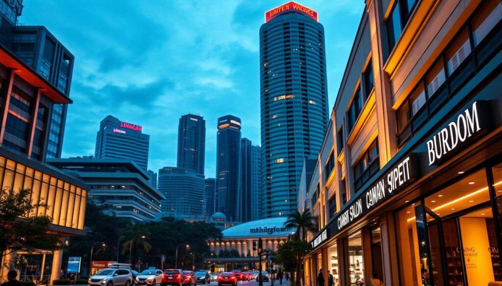 A bustling city skyline of Singapore, with towering skyscrapers and modern architecture in the background. In the foreground, a series of well-lit, inviting hair salon storefronts line the streets, their facades adorned with sleek signage and tasteful decor. The salons are captured at a slight angle, creating a sense of depth and perspective. The scene is illuminated by warm, diffused lighting, casting a soft, welcoming glow over the entire composition. The image conveys an atmosphere of urban sophistication and high-quality salon services, perfectly suited to showcase the best hair salons in Singapore.