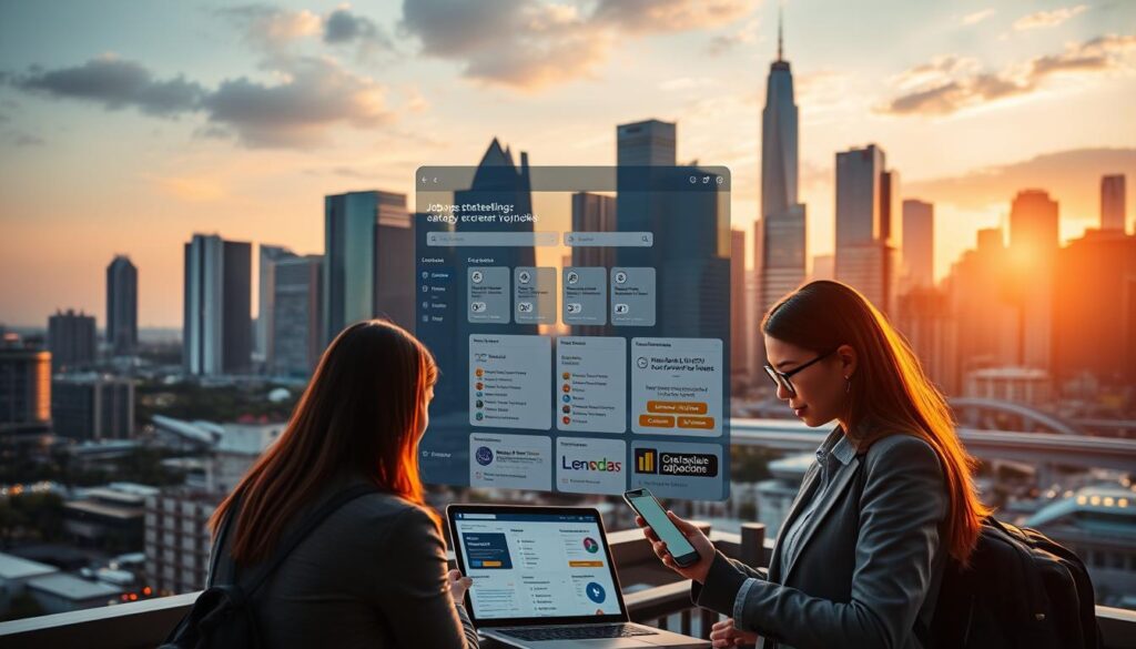 A bustling city skyline with modern high-rise buildings and skyscrapers, bathed in warm golden hour lighting. In the foreground, a group of professional job seekers navigating a comprehensive job portal interface on their laptops and mobile devices, their faces illuminated by the glow of the screens. The middle ground features various job search filters, categories, and recommendations, while the background showcases the vibrant cityscape of Singapore, reflecting the dynamic employment opportunities available. The scene conveys a sense of efficiency, productivity, and the promise of career advancement within the city's thriving job market. A bustling city skyline with modern high-rise buildings and skyscrapers, bathed in warm golden hour lighting. In the foreground, a group of professional job seekers navigating a comprehensive job portal interface on their laptops and mobile devices, their faces illuminated by the glow of the screens. The middle ground features various job search filters, categories, and recommendations, while the background showcases the vibrant cityscape of Singapore, reflecting the dynamic employment opportunities available. The scene conveys a sense of efficiency, productivity, and the promise of career advancement within the city's thriving job market.