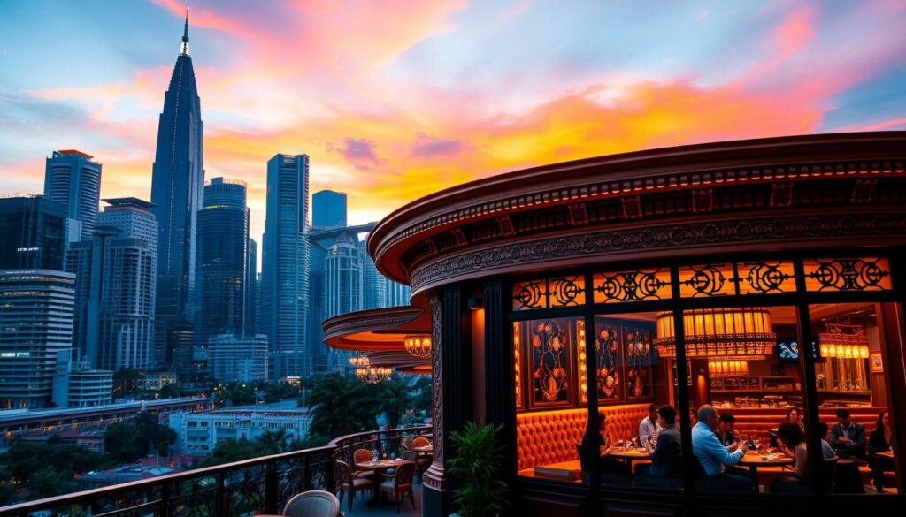 A bustling city skyline with towering skyscrapers, set against a backdrop of a vibrant sunset. In the foreground, an elegant North Indian restaurant, its facade adorned with intricate architectural details and warm lighting. The interior visible through the large windows, showcasing a refined ambiance with plush seating and ornate decor. Patrons can be seen enjoying their meals, immersed in conversation, as the aroma of spices and sizzling dishes wafts through the air. The scene captures the essence of Singapore's thriving culinary landscape, where the best of North Indian cuisine is celebrated in a sophisticated, metropolitan setting.