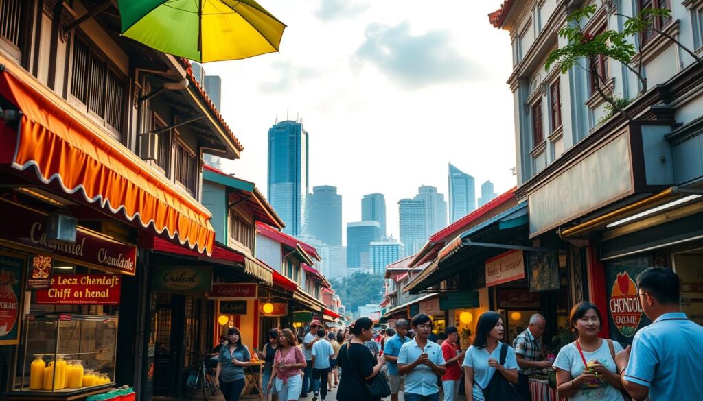 A bustling city street in Singapore, lined with quaint shophouses and vibrant umbrellas overhead. In the foreground, a series of chendol stalls, their colorful facades and traditional signage drawing the eye. The middle ground features patrons savoring the iconic dessert, their expressions of delight captured in a warm, golden-hour glow. In the background, the towering skyscrapers of the city skyline provide a striking contrast, hinting at the diverse neighborhoods where these chendol gems can be found across the island. The scene evokes a sense of local flavor, tradition, and the joy of discovering Singapore's hidden culinary treasures.