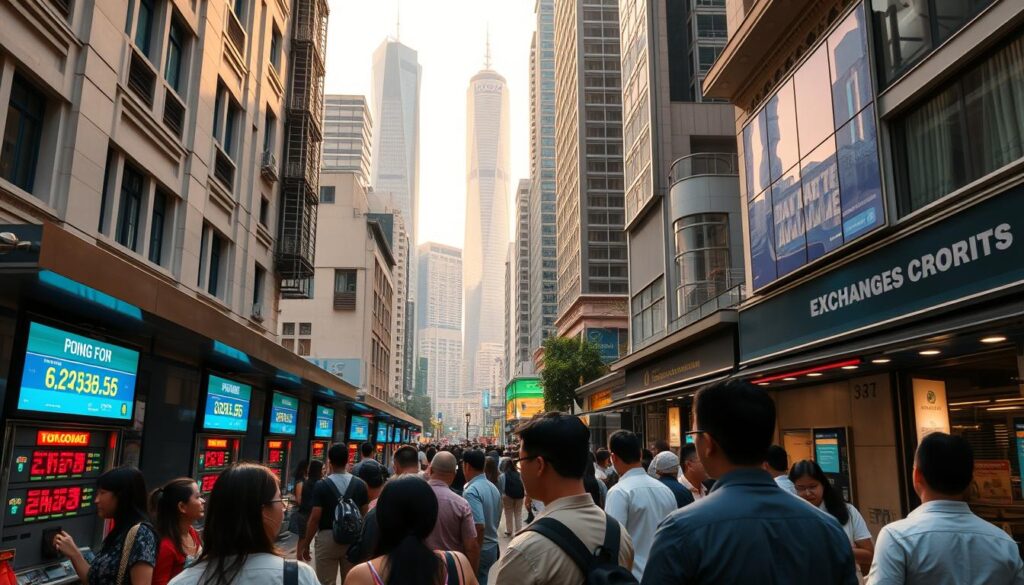 A bustling city street in Singapore, with a vibrant mix of modern high-rises and traditional shophouses. In the foreground, a group of people stand in front of several currency exchange booths, their faces focused as they compare exchange rates displayed on digital screens. The lighting is warm and natural, casting a soft glow over the scene. The camera angle is slightly elevated, giving a birds-eye view of the bustling activity below. In the background, the towering skyscrapers of the central business district loom, creating a sense of scale and the thriving financial hub of the city-state. The overall mood is one of efficiency, decision-making, and the cosmopolitan energy of Singapore.