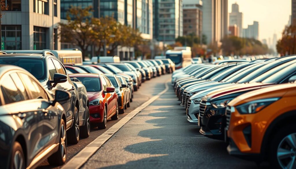 A bustling city street, with an array of shared vehicles lining the curb. In the foreground, a variety of modern, sleek car models in various colors and sizes, representing the diverse fleet options available for car sharing services. In the middle ground, the vehicles are arranged in a visually appealing, symmetrical layout, emphasizing the breadth of choices. The background features a skyline of tall buildings, hinting at the urban setting and the convenience of having a wide selection of vehicles within close proximity. The scene is bathed in warm, natural lighting, conveying a sense of accessibility and reliability for the car sharing services. The overall composition strikes a balance between efficiency, variety, and visual appeal, effectively illustrating the "Availability and Fleet Options" for the article's subject.