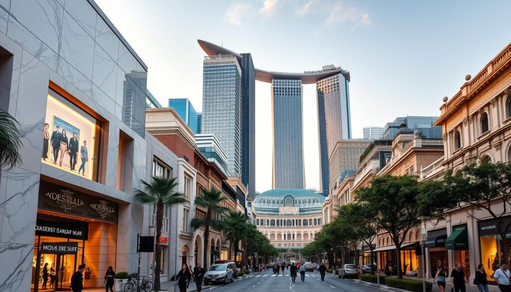 A bustling cityscape of Singapore's premier luxury shopping destinations, bathed in the warm glow of the evening sun. In the foreground, a grand, marble-clad facade of an upscale department store, its windows displaying the latest high-fashion collections. Pedestrians stroll along the tree-lined boulevards, past gleaming luxury brand boutiques and glistening high-rise towers. The middle ground reveals a mix of modern architecture and colonial-era shophouses, creating a harmonious blend of old and new. In the distance, the iconic Marina Bay Sands resort stands tall, its striking silhouette reflecting in the calm waters. The overall atmosphere exudes an air of sophistication, exclusivity, and the promise of indulgent retail therapy.