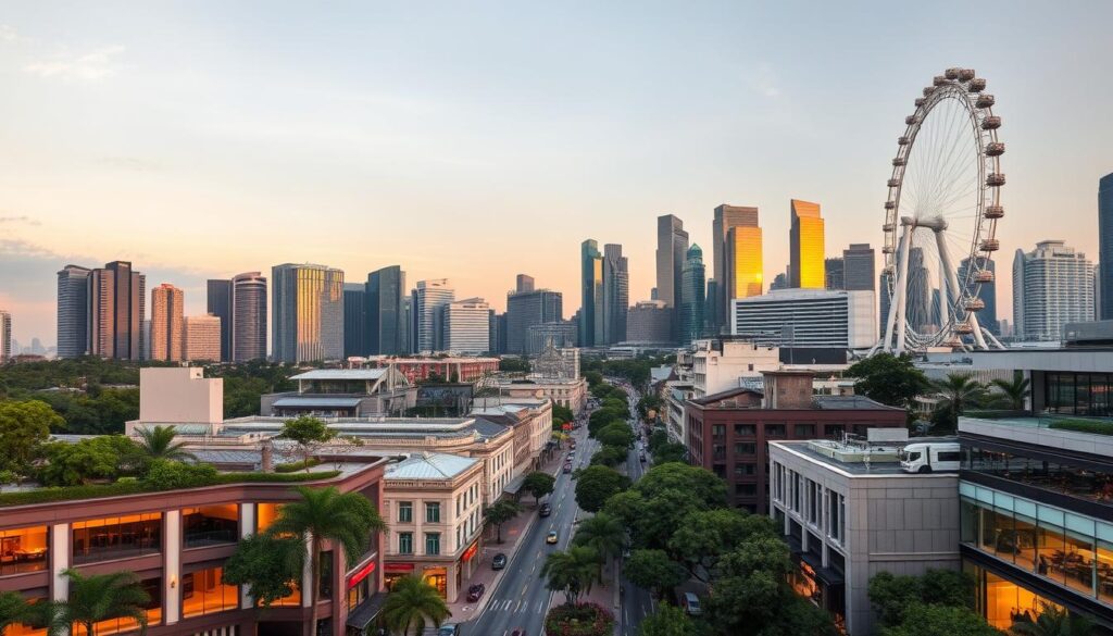 A bustling cityscape of iconic Singapore skyline, the prime hotel locations nestled amidst towering skyscrapers and verdant parks. In the foreground, a cluster of elegant 4-star hotels exude a refined, contemporary aesthetic, their inviting entrances beckoning travelers. The middle ground features busy streets lined with luxury shops, trendy cafes, and vibrant nightlife, capturing the pulse of the city. In the background, the iconic Marina Bay Sands and Singapore Flyer stand tall, their architectural brilliance illuminated by warm, golden hues of the setting sun. The scene conveys a sense of excitement, convenience, and the perfect balance of modern urban living and natural beauty that defines the heart of Singapore.