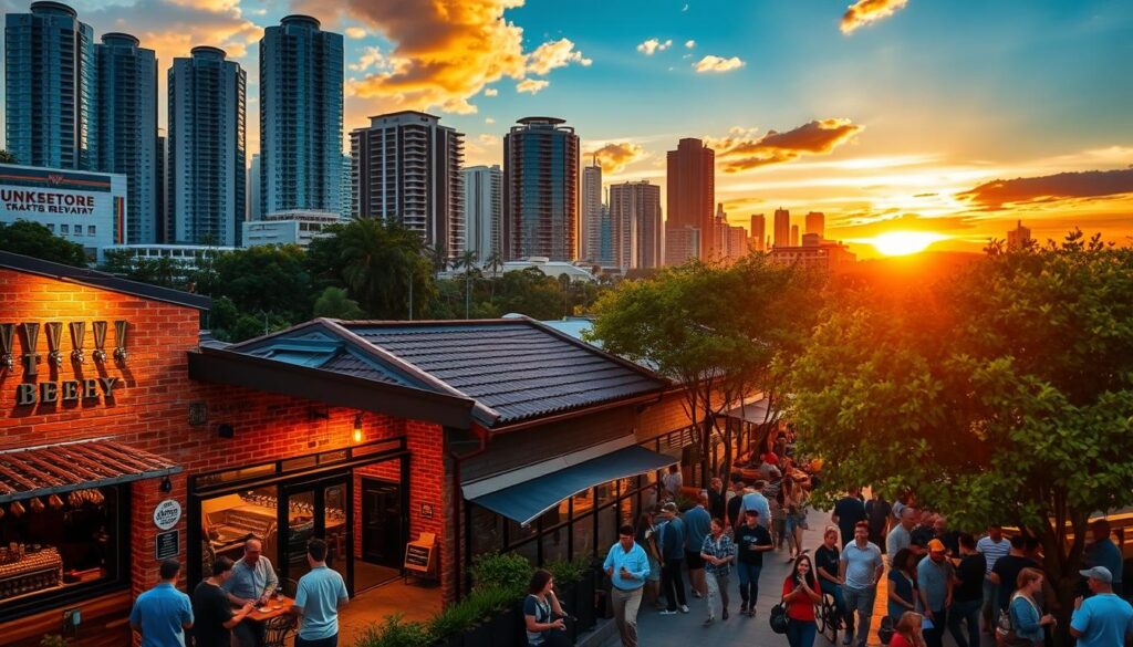 A bustling cityscape with modern high-rises and verdant parks, backlit by the golden glow of sunset. In the foreground, a row of cozy, brick-walled craft breweries, their taps and brew kettles visible through large windows. Patrons spill out onto vibrant, tree-lined streets, chatting and sampling local artisanal beers. Warm, ambient lighting casts a welcoming, convivial atmosphere. The scene captures the unique blend of urban sophistication and craft beer culture that defines the best of Singapore's thriving independent brewing scene.