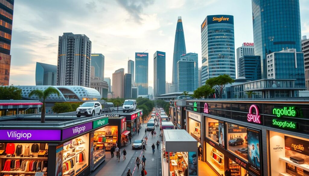 A bustling cityscape with sleek, modern shopping platforms prominently featured. In the foreground, an array of specialized online stores catering to diverse consumer needs - fashion, electronics, home goods, and more. Vibrant product displays draw the eye, showcasing the variety of offerings. The middle ground depicts a network of interconnected digital storefronts, with streamlined user interfaces and seamless browsing experiences. In the background, the gleaming skyscrapers of Singapore's financial district provide an iconic urban backdrop, hinting at the city's status as a global commercial hub. Warm, soft lighting illuminates the scene, creating an inviting and aspirational atmosphere. The overall composition conveys the convenience, efficiency, and sophistication of Singapore's specialized online shopping platforms.