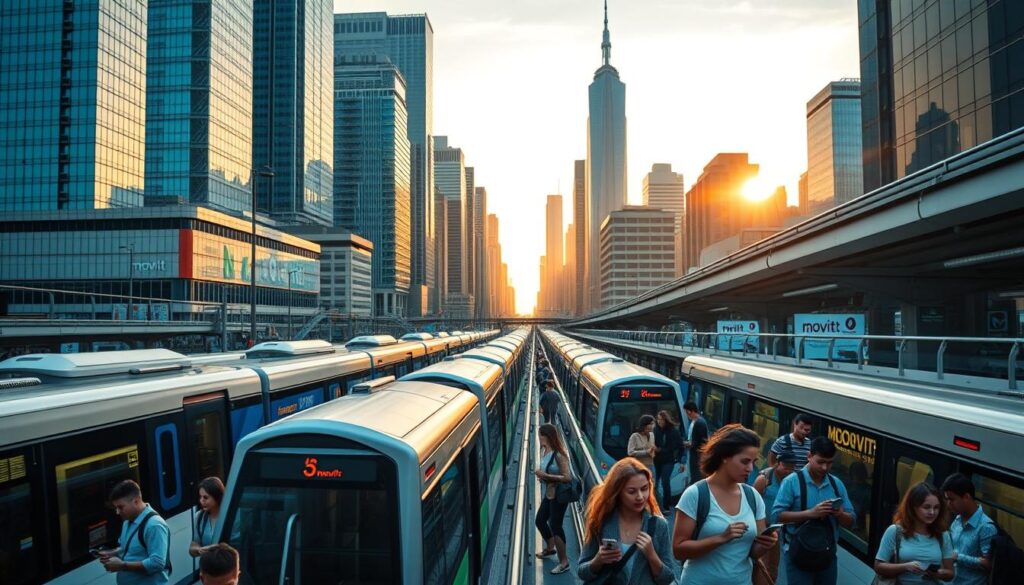 A bustling cityscape with towering skyscrapers in the background, lit by a warm golden hour glow. In the foreground, a modern transportation hub with sleek buses and trains seamlessly integrated, showcasing the interconnectivity of Moovit's global network. The middle ground features commuters of diverse backgrounds, each engaged with their mobile devices, tapping into Moovit's real-time transit data and route planning capabilities. The scene conveys a sense of efficient, organized mobility, reflecting Moovit's role as a comprehensive global mobility solution.