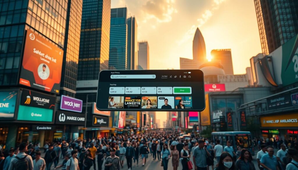 A bustling cityscape with towering skyscrapers, neon-lit billboards, and crowds of people navigating the streets. In the foreground, a sleek, modern job search platform interface hovers in mid-air, showcasing a variety of quick-hire opportunities and immediate job openings. The background is illuminated by a warm, golden glow, creating a sense of opportunity and optimism. The scene is captured through a wide-angle lens, emphasizing the dynamic and fast-paced nature of the quick-hire job market in Singapore.