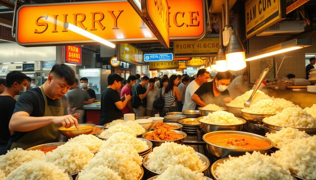 A bustling curry rice stall in a vibrant Singaporean hawker center. The stall's signage illuminates the scene with warm, golden light, casting a cozy glow on the array of simmering curries and heaping portions of fluffy white rice. In the foreground, a skilled cook expertly ladles the fragrant, aromatic curry onto the waiting plates, surrounded by the hustle and bustle of local patrons eagerly waiting their turn. The middle ground features a lively crowd of diners savoring their meals, their faces lit by the stall's inviting atmosphere. In the background, the bustling hawker center hums with the chatter of conversations and the sizzle of other stalls, creating an authentic, immersive street food experience.