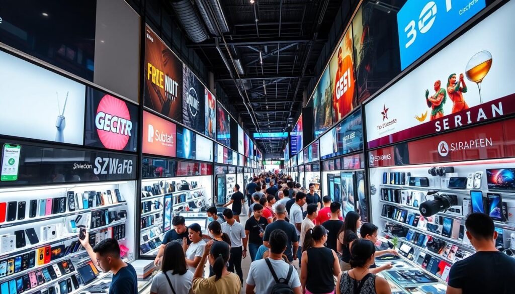 A bustling electronics emporium in the heart of Singapore's shopping district, showcasing a dazzling array of the latest gadgets and devices. Rows of gleaming storefronts display an enticing selection of smartphones, laptops, cameras, and cutting-edge electronics, all aglow under the warm, inviting lighting. Crowds of shoppers weave through the aisles, examining the goods with keen interest, while knowledgeable sales staff attend to their inquiries. The scene is alive with the hum of activity, the excitement of discovery, and the promise of finding the perfect electronic treasure at a competitive price. A vibrant, technology-driven atmosphere that captures the essence of Singapore's thriving electronics market. A bustling electronics emporium in the heart of Singapore's shopping district, showcasing a dazzling array of the latest gadgets and devices. Rows of gleaming storefronts display an enticing selection of smartphones, laptops, cameras, and cutting-edge electronics, all aglow under the warm, inviting lighting. Crowds of shoppers weave through the aisles, examining the goods with keen interest, while knowledgeable sales staff attend to their inquiries. The scene is alive with the hum of activity, the excitement of discovery, and the promise of finding the perfect electronic treasure at a competitive price. A vibrant, technology-driven atmosphere that captures the essence of Singapore's thriving electronics market.