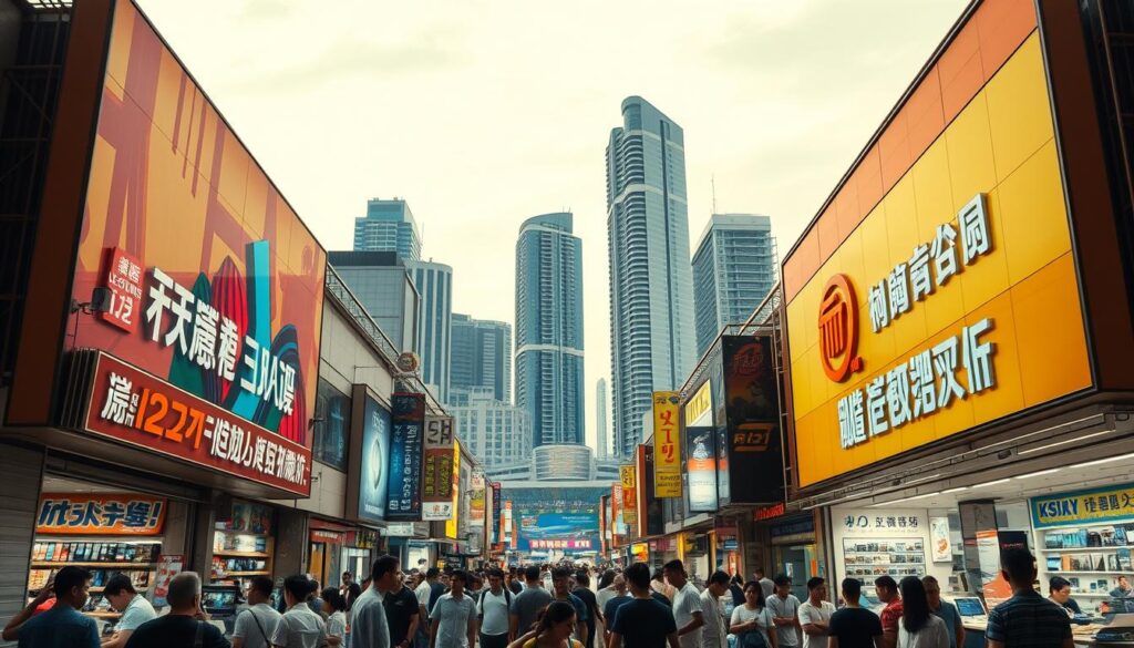 A bustling electronics market in the heart of Singapore, Sim Lim Square is the backdrop for a fierce rivalry between two legendary shops. In the foreground, the storefront displays of these competing retailers stand out with vibrant neon signs and sleek, modern designs, drawing in a constant stream of customers. The middle ground is filled with shoppers haggling over prices and browsing the latest gadgets, creating a lively, energetic atmosphere. In the background, the towering high-rises of the city skyline loom, providing a striking contrast to the intimate, street-level competition playing out below. Warm, golden lighting bathes the scene, evoking a sense of warmth and excitement, as these two rival shops battle for the title of Singapore's electronics mecca.