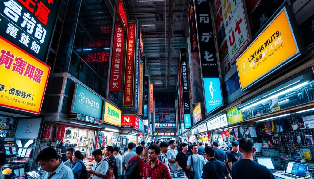 A bustling electronics marketplace in the heart of Singapore, Sim Lim Square captures the vibrant energy of a bargain hunter's paradise. The wide facade of the multi-story building stands tall, its neon signage and storefront displays beckoning shoppers. Inside, a labyrinth of narrow aisles and crowded stalls offer an overwhelming array of gadgets, components, and tech accessories, illuminated by the warm glow of overhead lighting. Shoppers navigate the bustling crowds, haggling with vendors and scrutinizing the latest deals on laptops, phones, and more. The air is thick with the hum of electronics and the excitement of finding the perfect purchase at an unbeatable price. This is the epicenter of Singapore's electronics scene, a hub for tech-savvy bargain hunters.