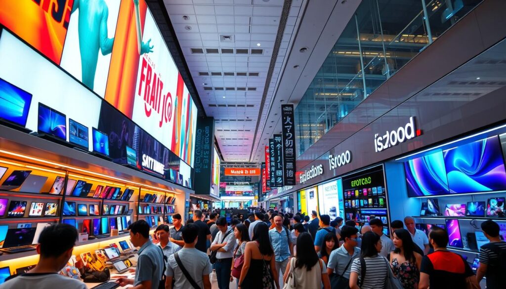 A bustling electronics shopping paradise in Singapore's Far East Plaza, bathed in vibrant neon lights. Rows of gleaming displays showcase the latest gadgets, from sleek laptops to cutting-edge smartphones. Shoppers weave through the lively crowds, examining the wares with a discerning eye. The air hums with the energy of a thriving commercial district, where technology and fashion converge. Wide-angle lens captures the dynamic scene, with warm, saturated tones that evoke the vibrant atmosphere. A sense of exploration and discovery pervades the frame, inviting the viewer to immerse themselves in this electronic wonderland. A bustling electronics shopping paradise in Singapore's Far East Plaza, bathed in vibrant neon lights. Rows of gleaming displays showcase the latest gadgets, from sleek laptops to cutting-edge smartphones. Shoppers weave through the lively crowds, examining the wares with a discerning eye. The air hums with the energy of a thriving commercial district, where technology and fashion converge. Wide-angle lens captures the dynamic scene, with warm, saturated tones that evoke the vibrant atmosphere. A sense of exploration and discovery pervades the frame, inviting the viewer to immerse themselves in this electronic wonderland.