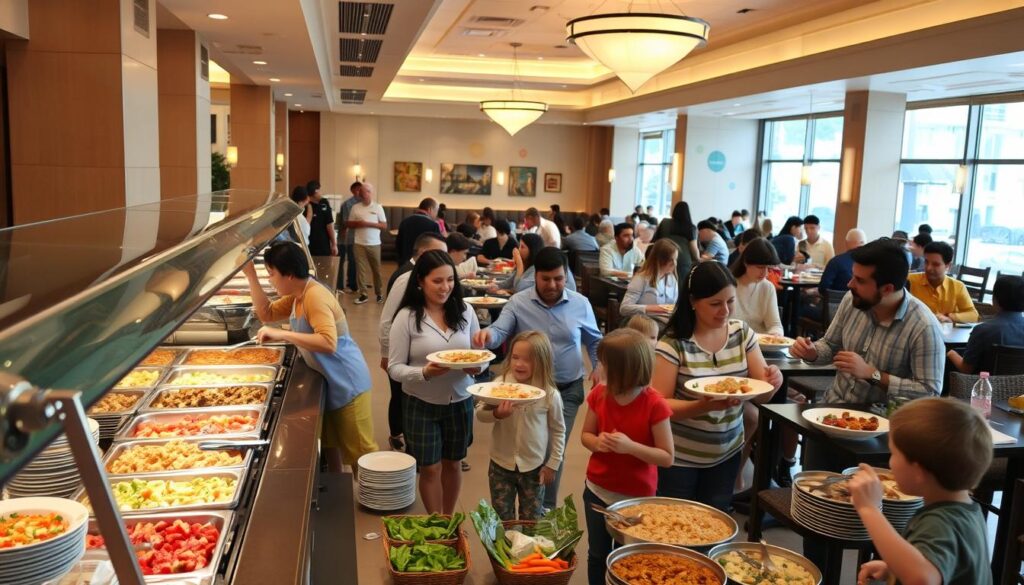 A bustling family-friendly buffet restaurant, filled with the aroma of diverse culinary delights. In the foreground, a well-stocked buffet line offers an array of tempting dishes, from colorful salads to hearty main courses and decadent desserts. Cheerful diners, both young and old, mingle and fill their plates, laughter echoing through the spacious, well-lit dining area. In the middle ground, cozy seating arrangements encourage quality time spent together, while the background features inviting decor with warm lighting and playful accents, creating a welcoming and inclusive atmosphere for all. A scene that captures the essence of a delightful, family-oriented buffet experience.