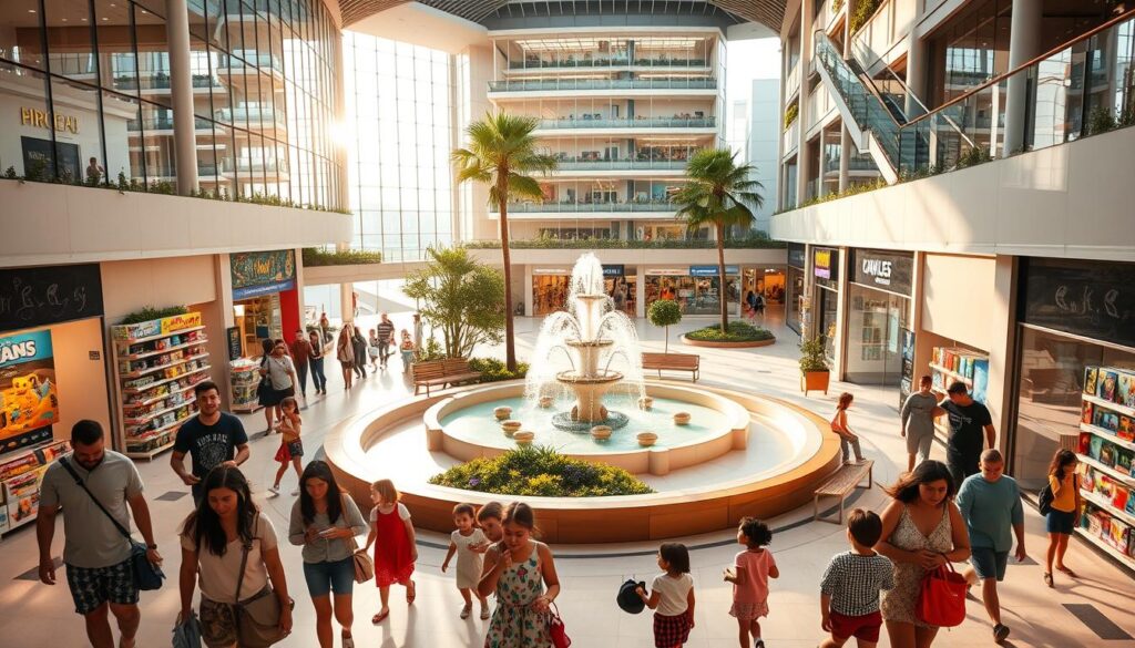A bustling family-friendly shopping center in Singapore, bathed in warm natural light filtering through large glass windows. In the foreground, parents stroll with children, browsing an array of vibrant stores offering toys, games, and kid-friendly fashion. The middle ground showcases a central plaza with a whimsical water fountain, surrounded by lush greenery and benches where families relax. In the background, the modern architecture of the mall blends seamlessly with the cityscape, creating a harmonious, welcoming atmosphere for all ages to enjoy a delightful shopping experience.