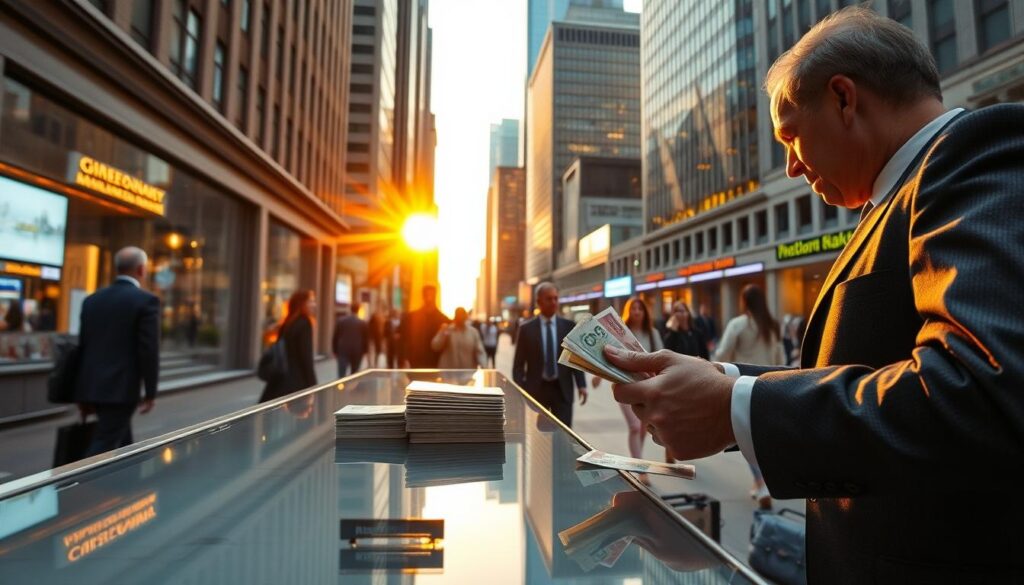 A bustling financial district at golden hour, sunlight streaming through the towering skyscrapers. In the foreground, a currency exchange booth with a well-dressed customer exchanging bills, the attendant's hands deftly counting the stack of notes. Reflections of the city lights dance on the glossy countertop. In the middle ground, pedestrians hurry by, briefcases in hand, while in the background, the skyline is alive with the glow of illuminated high-rises. A sense of urgency and opportunity pervades the scene, capturing the essence of the optimal time to exchange currency for the best rates.