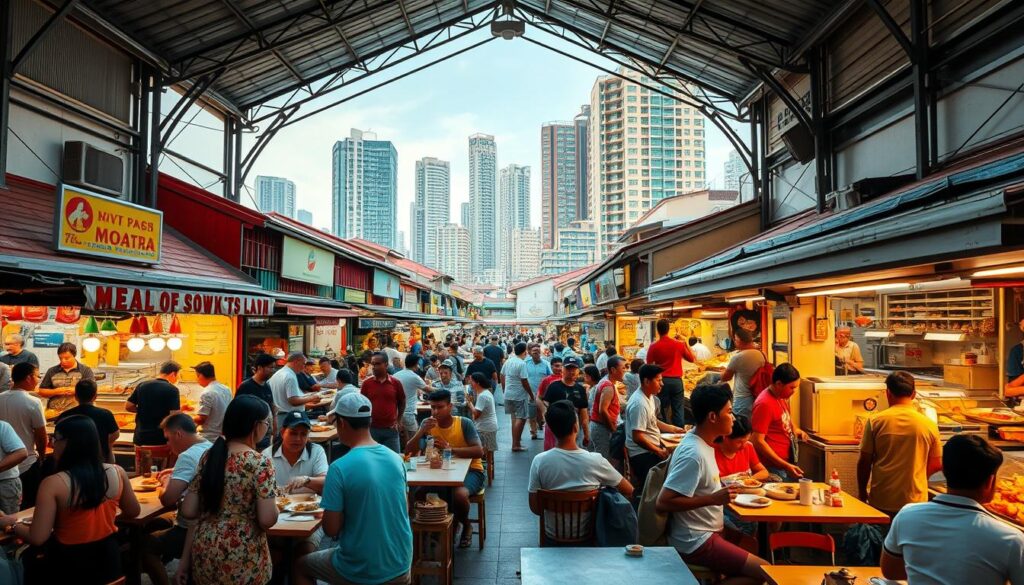 A bustling hawker center in Singapore, with a vibrant atmosphere and an array of tantalizing local delicacies. In the foreground, a diverse crowd of patrons sits at communal tables, savoring authentic street food. The middle ground features an array of bustling food stalls, their aromas wafting through the air. In the background, a mix of traditional shophouses and modern high-rises creates a visually captivating cityscape. Warm, natural lighting filters through the open-air structure, casting a welcoming glow. The scene exudes a sense of community, energy, and the true essence of Singaporean food culture. A bustling hawker center in Singapore, with a vibrant atmosphere and an array of tantalizing local delicacies. In the foreground, a diverse crowd of patrons sits at communal tables, savoring authentic street food. The middle ground features an array of bustling food stalls, their aromas wafting through the air. In the background, a mix of traditional shophouses and modern high-rises creates a visually captivating cityscape. Warm, natural lighting filters through the open-air structure, casting a welcoming glow. The scene exudes a sense of community, energy, and the true essence of Singaporean food culture.